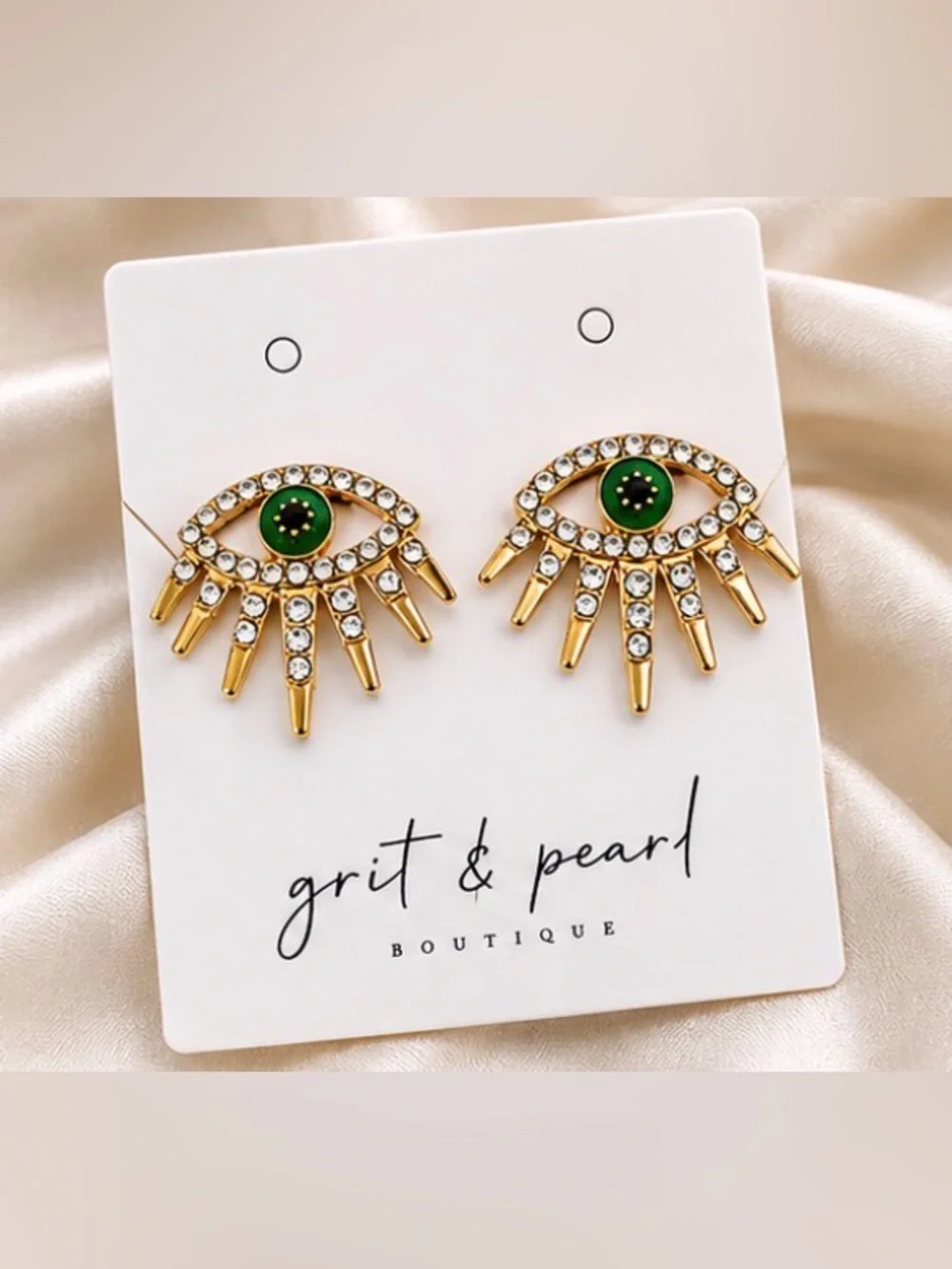 Green Evil Eye Rhinestone Gold-Tone Statement Stud Earrings